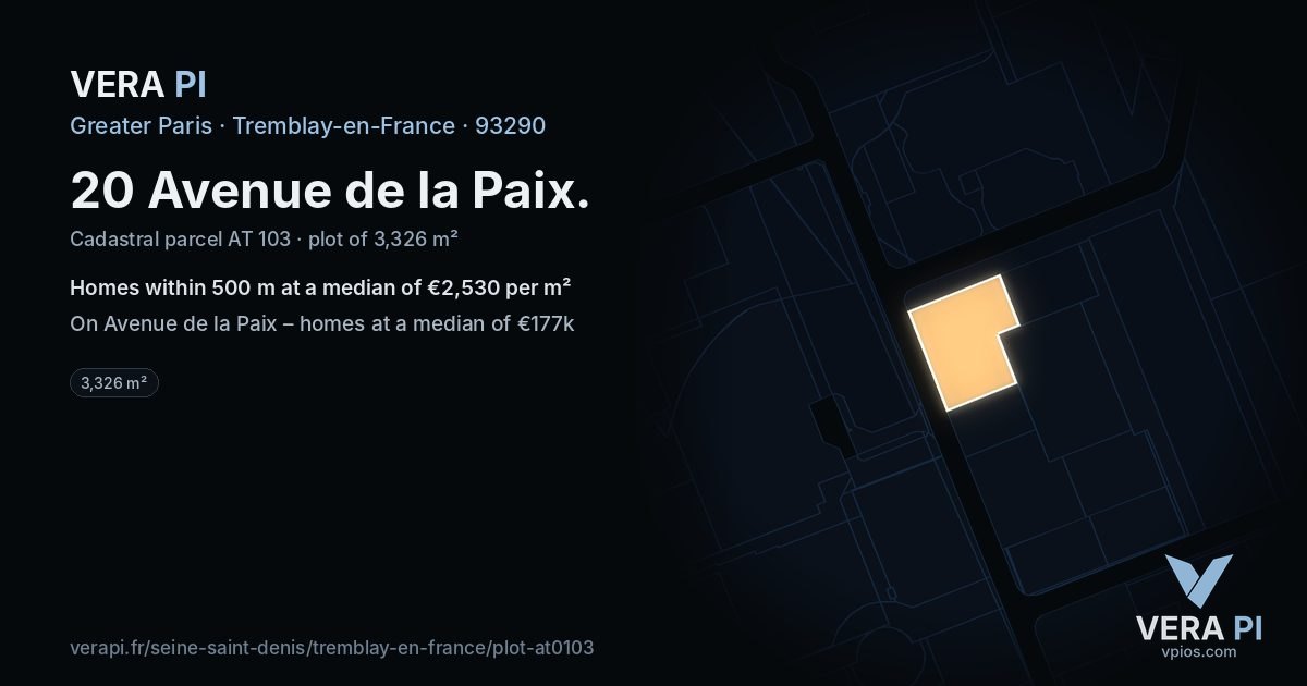 20 Avenue de la Paix, Tremblay-en-France at night – the plot lit, the parcels around coloured by the prices near them