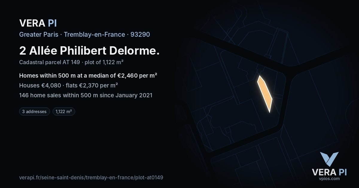 2 Allée Philibert Delorme, Tremblay-en-France at night – the plot lit, the parcels around coloured by the prices near them