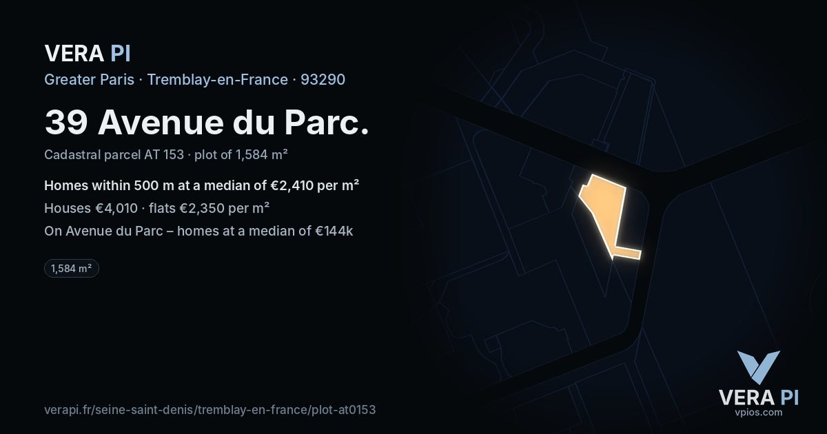 39 Avenue du Parc, Tremblay-en-France at night – the plot lit, the parcels around coloured by the prices near them