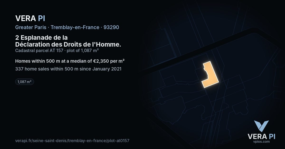 2 Esplanade de la Déclaration des Droits de l'Homme, Tremblay-en-France at night – the plot lit, the parcels around coloured by the prices near them