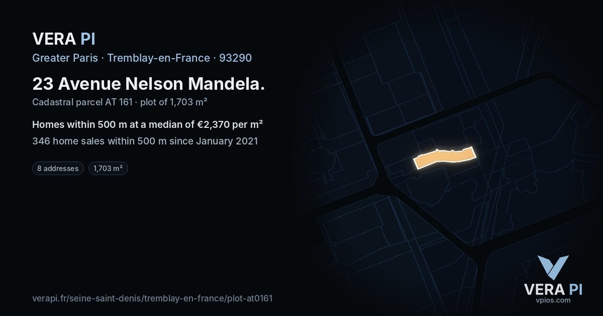 23 Avenue Nelson Mandela, Tremblay-en-France at night – the plot lit, the parcels around coloured by the prices near them