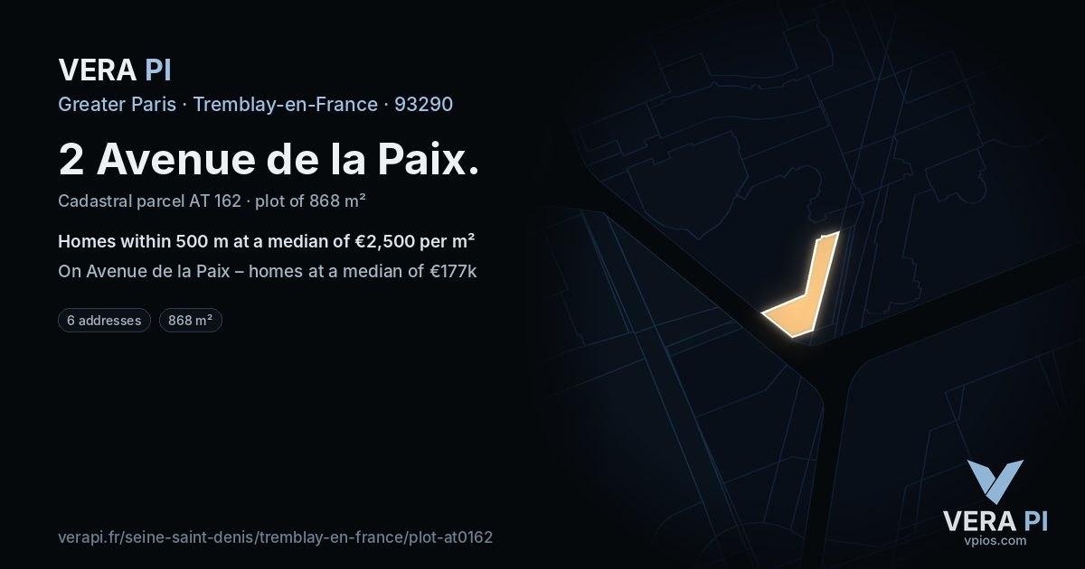 2 Avenue de la Paix, Tremblay-en-France at night – the plot lit, the parcels around coloured by the prices near them