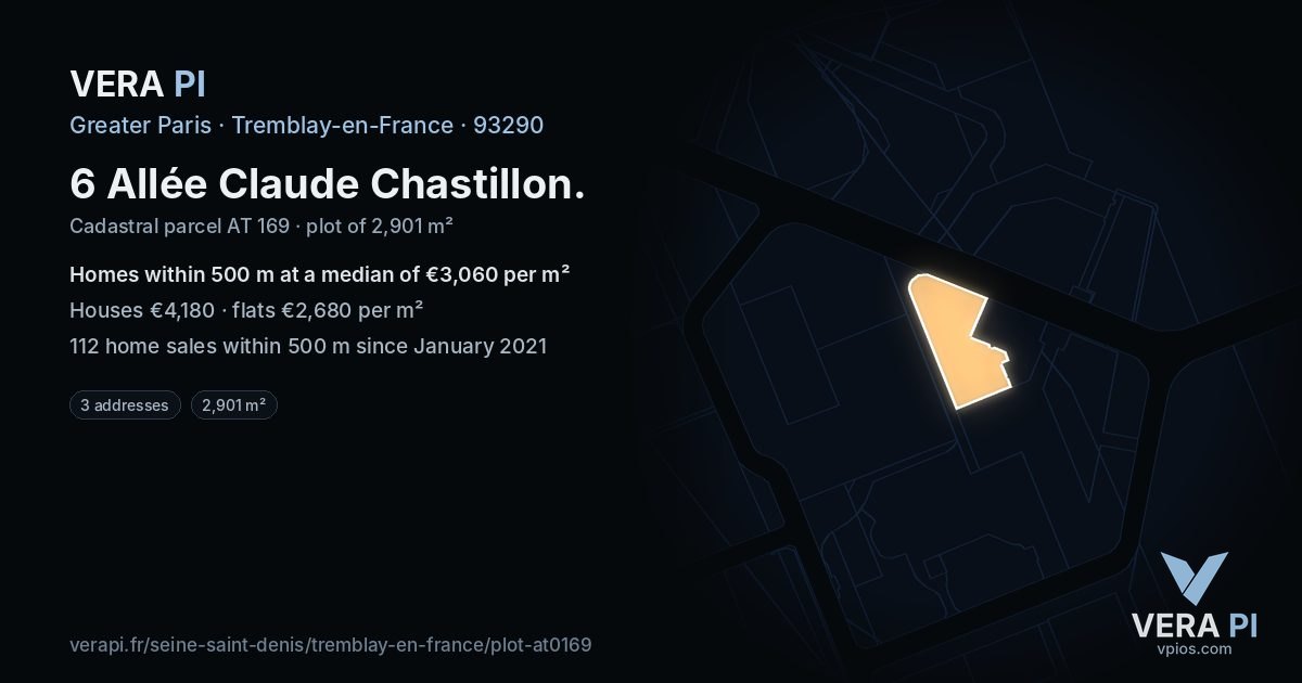 6 Allée Claude Chastillon, Tremblay-en-France at night – the plot lit, the parcels around coloured by the prices near them