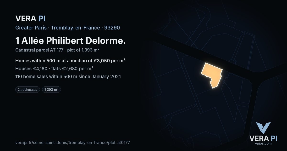 1 Allée Philibert Delorme, Tremblay-en-France at night – the plot lit, the parcels around coloured by the prices near them