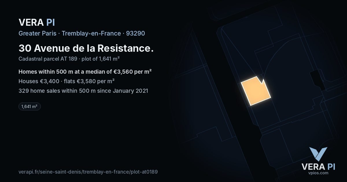 30 Avenue de la Resistance, Tremblay-en-France at night – the plot lit, the parcels around coloured by the prices near them
