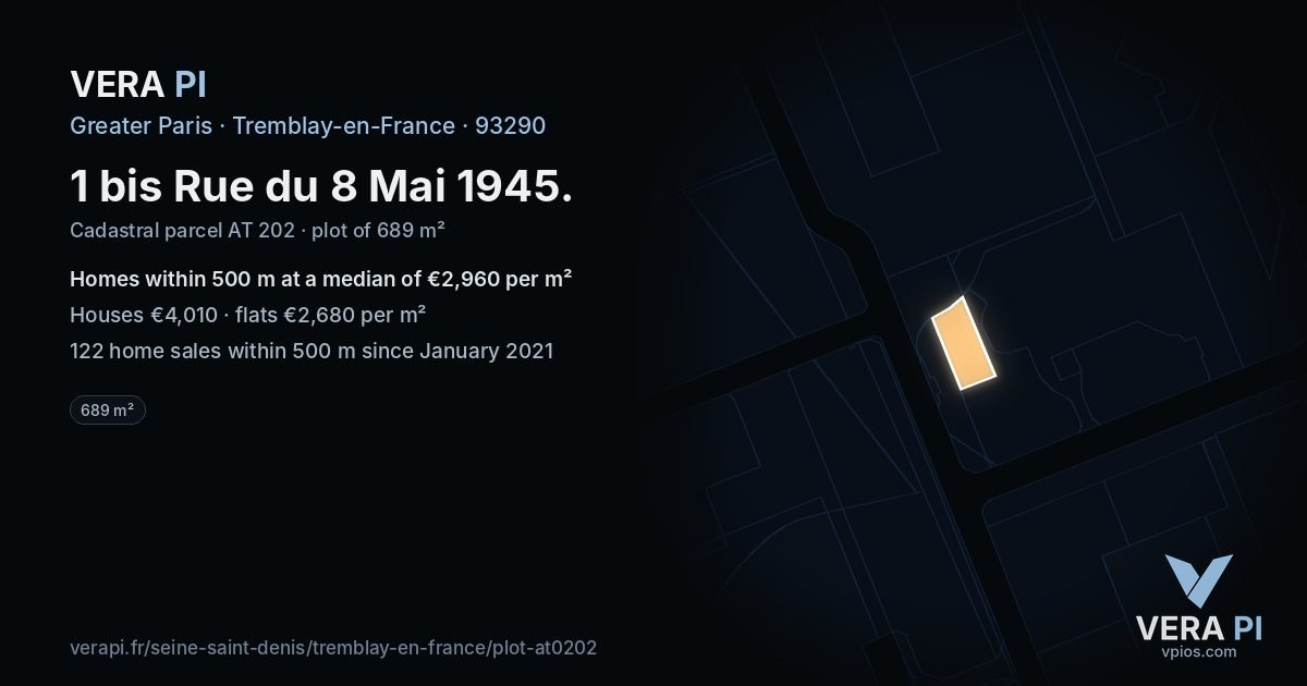1 bis Rue du 8 Mai 1945, Tremblay-en-France at night – the plot lit, the parcels around coloured by the prices near them