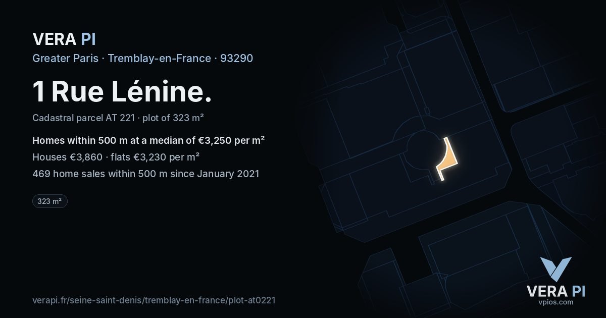 1 Rue Lénine, Tremblay-en-France at night – the plot lit, the parcels around coloured by the prices near them