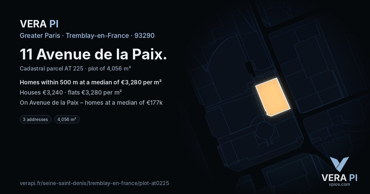 11 Avenue de la Paix, Tremblay-en-France at night – the plot lit, the parcels around coloured by the prices near them