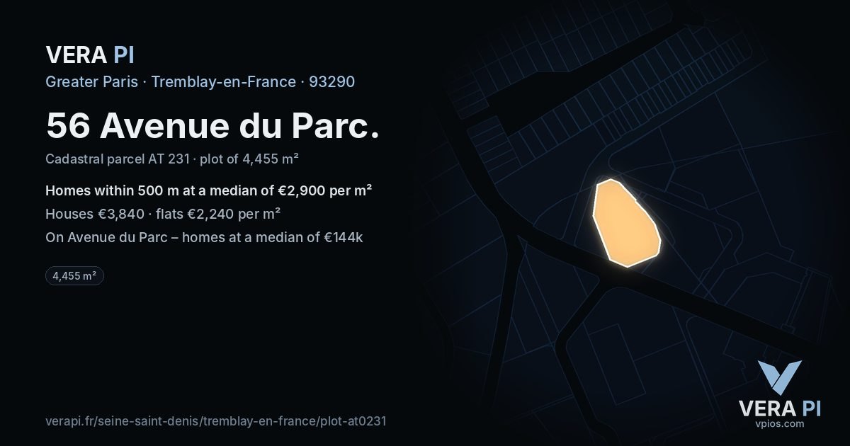 56 Avenue du Parc, Tremblay-en-France at night – the plot lit, the parcels around coloured by the prices near them