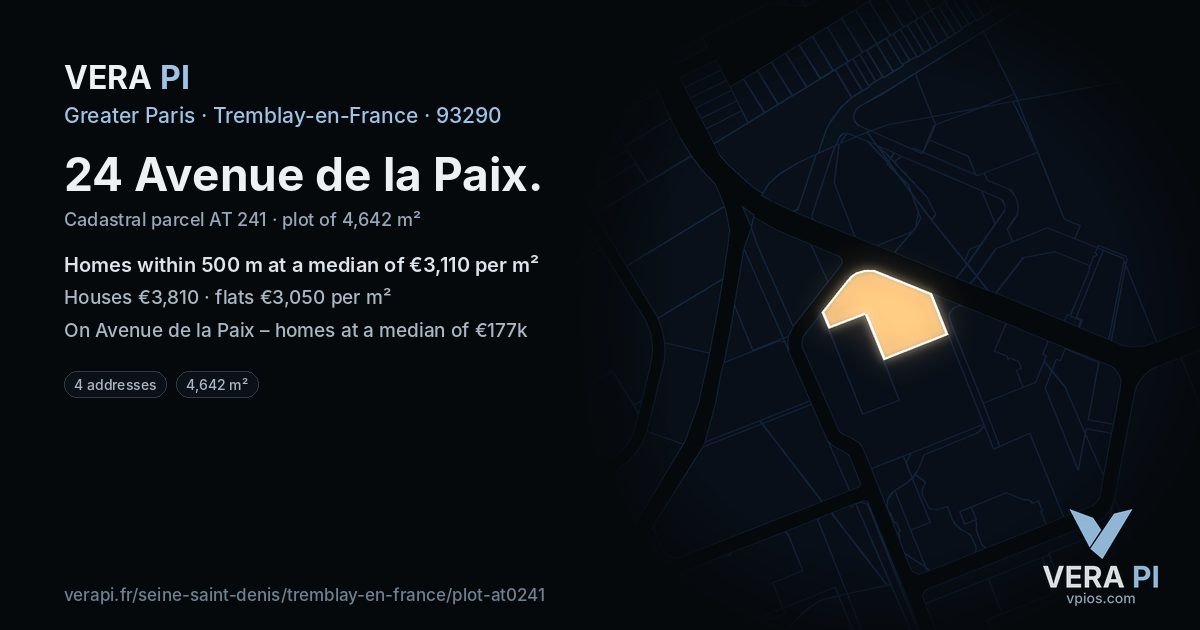24 Avenue de la Paix, Tremblay-en-France at night – the plot lit, the parcels around coloured by the prices near them