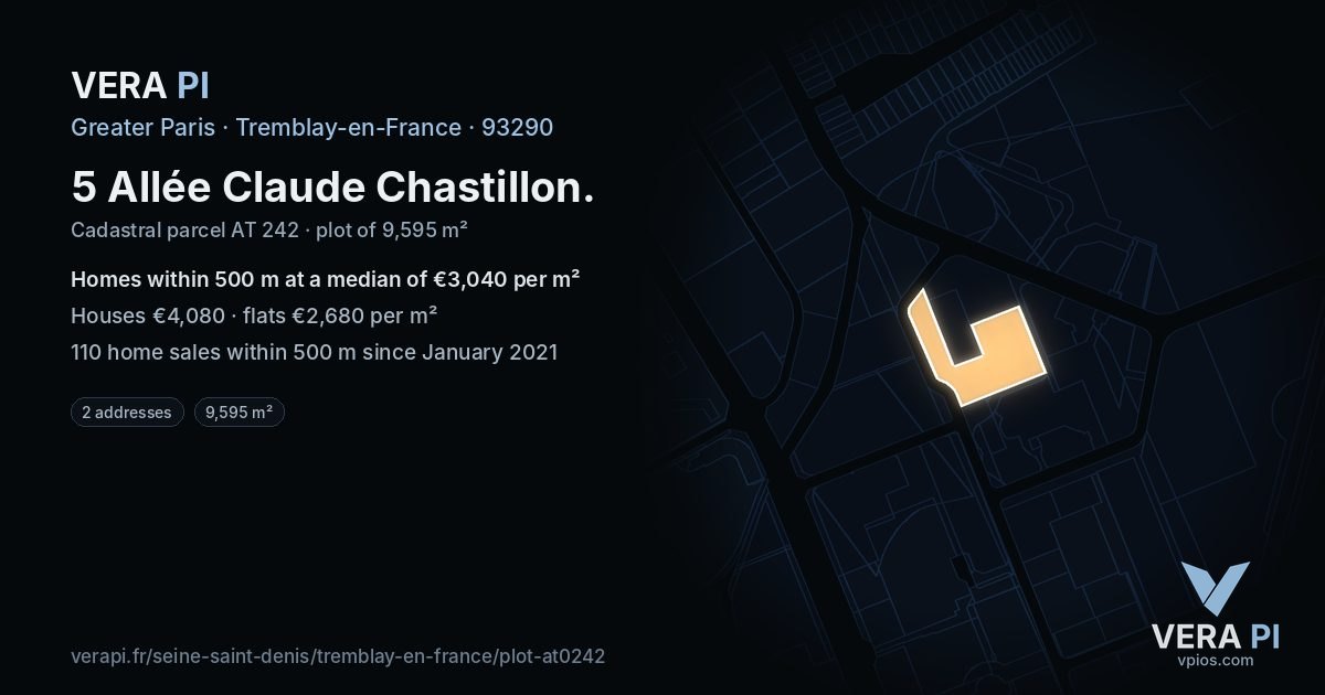5 Allée Claude Chastillon, Tremblay-en-France at night – the plot lit, the parcels around coloured by the prices near them