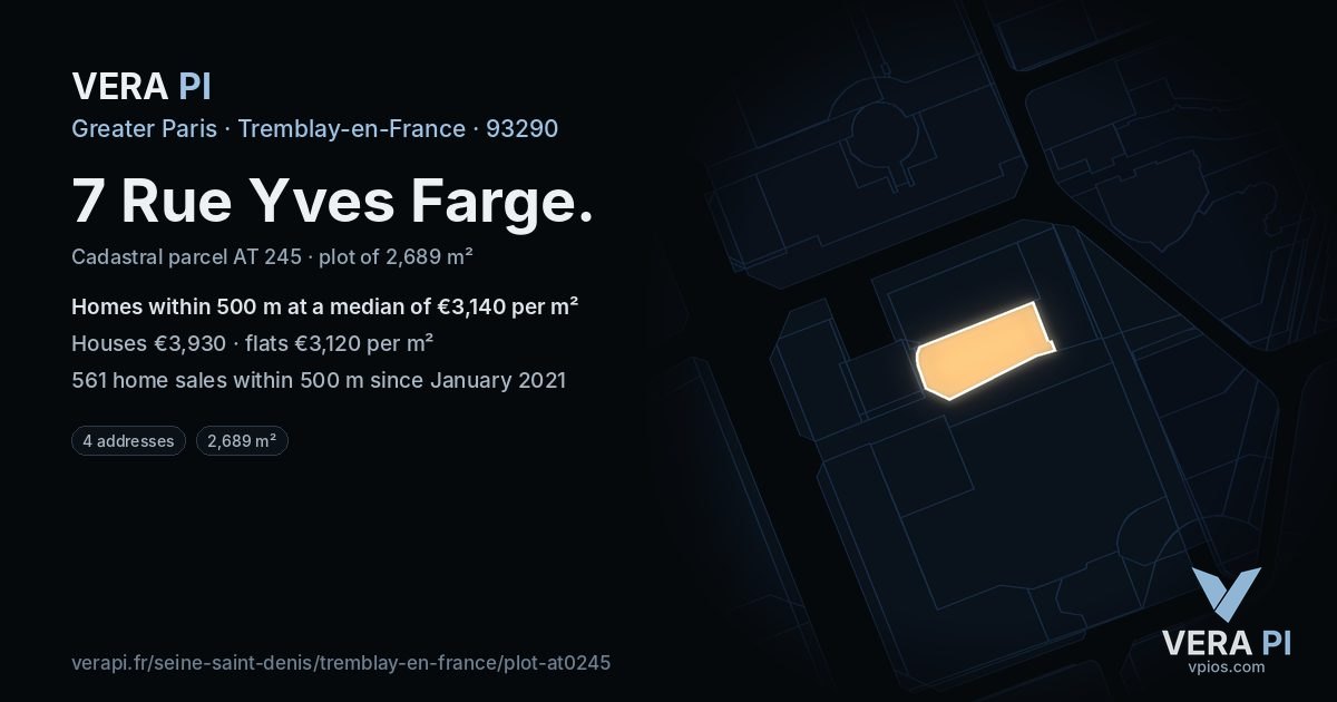 7 Rue Yves Farge, Tremblay-en-France at night – the plot lit, the parcels around coloured by the prices near them