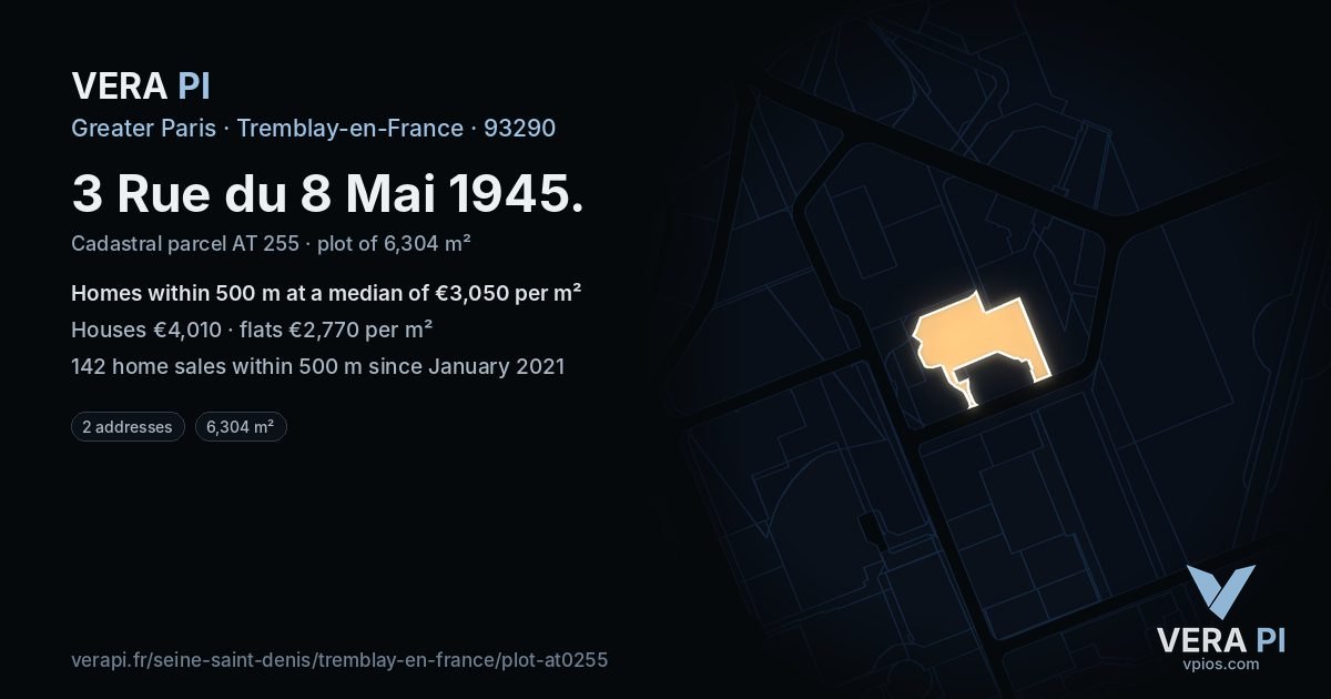 3 Rue du 8 Mai 1945, Tremblay-en-France at night – the plot lit, the parcels around coloured by the prices near them