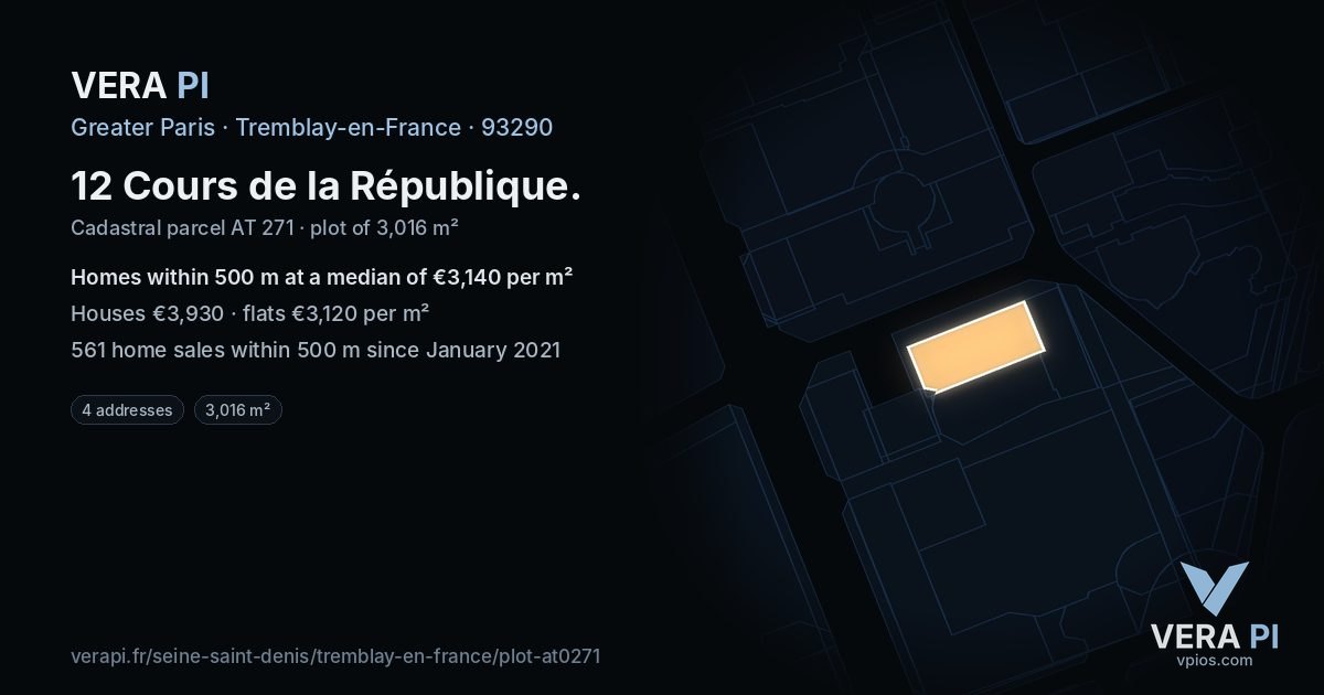 12 Cours de la République, Tremblay-en-France at night – the plot lit, the parcels around coloured by the prices near them