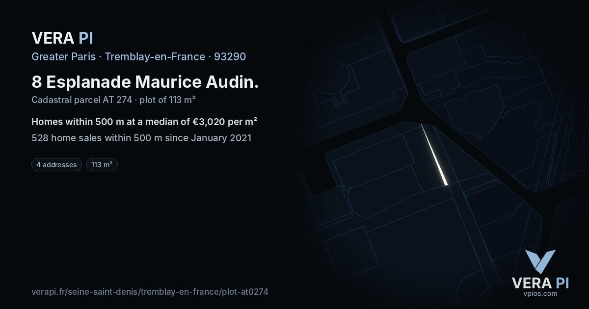 8 Esplanade Maurice Audin, Tremblay-en-France at night – the plot lit, the parcels around coloured by the prices near them