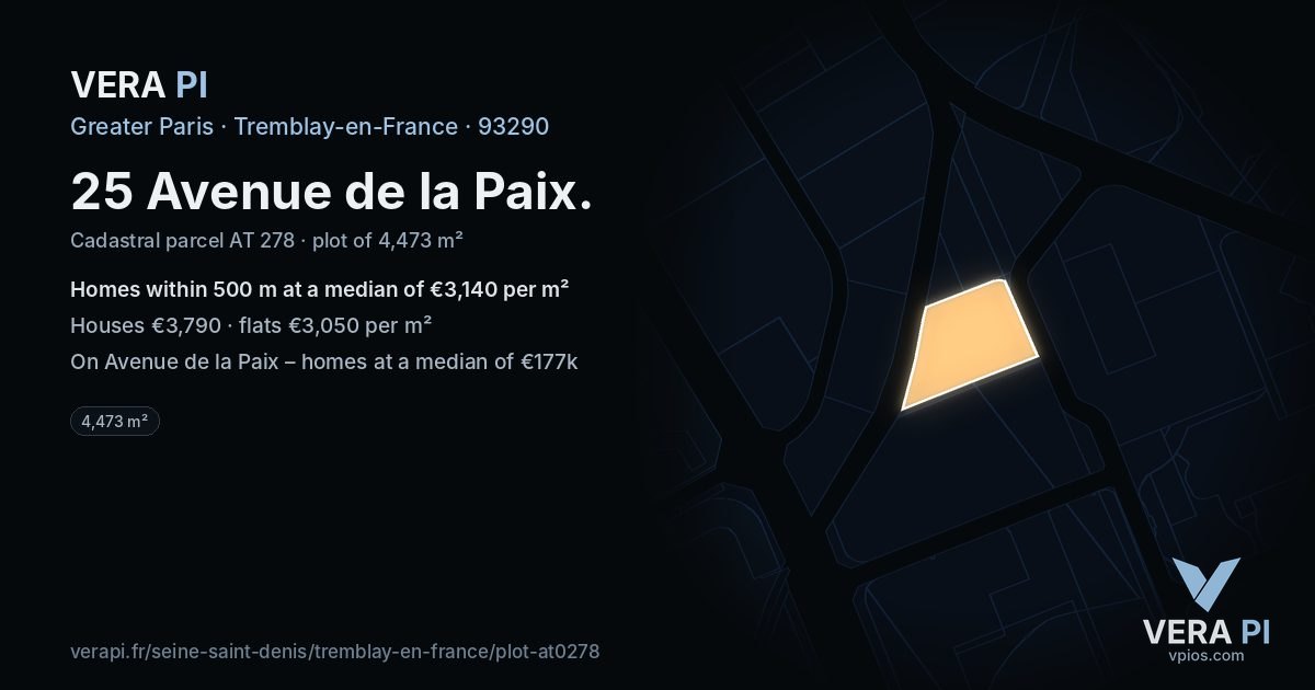 25 Avenue de la Paix, Tremblay-en-France at night – the plot lit, the parcels around coloured by the prices near them