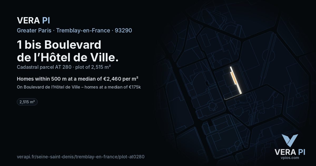 1 bis Boulevard de l’Hôtel de Ville, Tremblay-en-France at night – the plot lit, the parcels around coloured by the prices near them