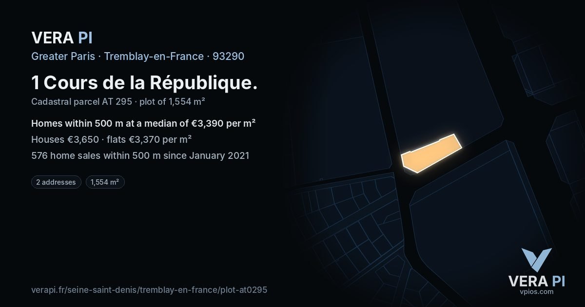 1 Cours de la République, Tremblay-en-France at night – the plot lit, the parcels around coloured by the prices near them
