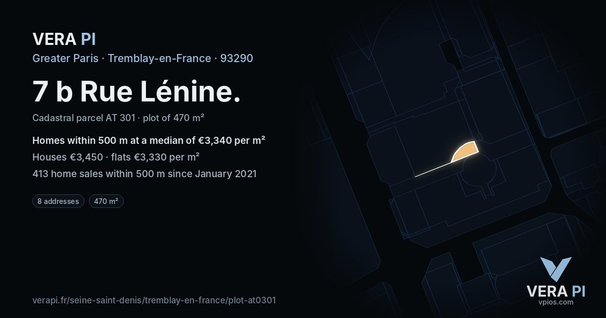 7 b Rue Lénine, Tremblay-en-France at night – the plot lit, the parcels around coloured by the prices near them