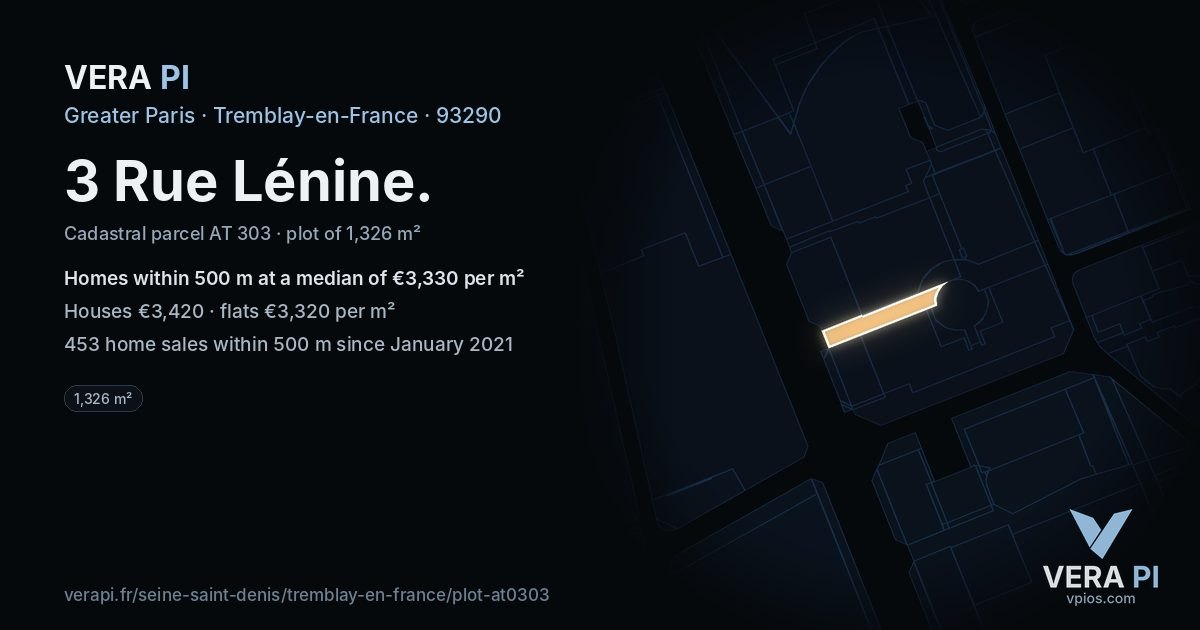 3 Rue Lénine, Tremblay-en-France at night – the plot lit, the parcels around coloured by the prices near them