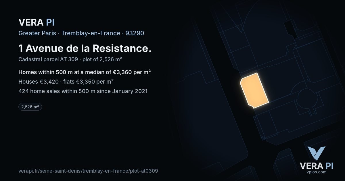 1 Avenue de la Resistance, Tremblay-en-France at night – the plot lit, the parcels around coloured by the prices near them