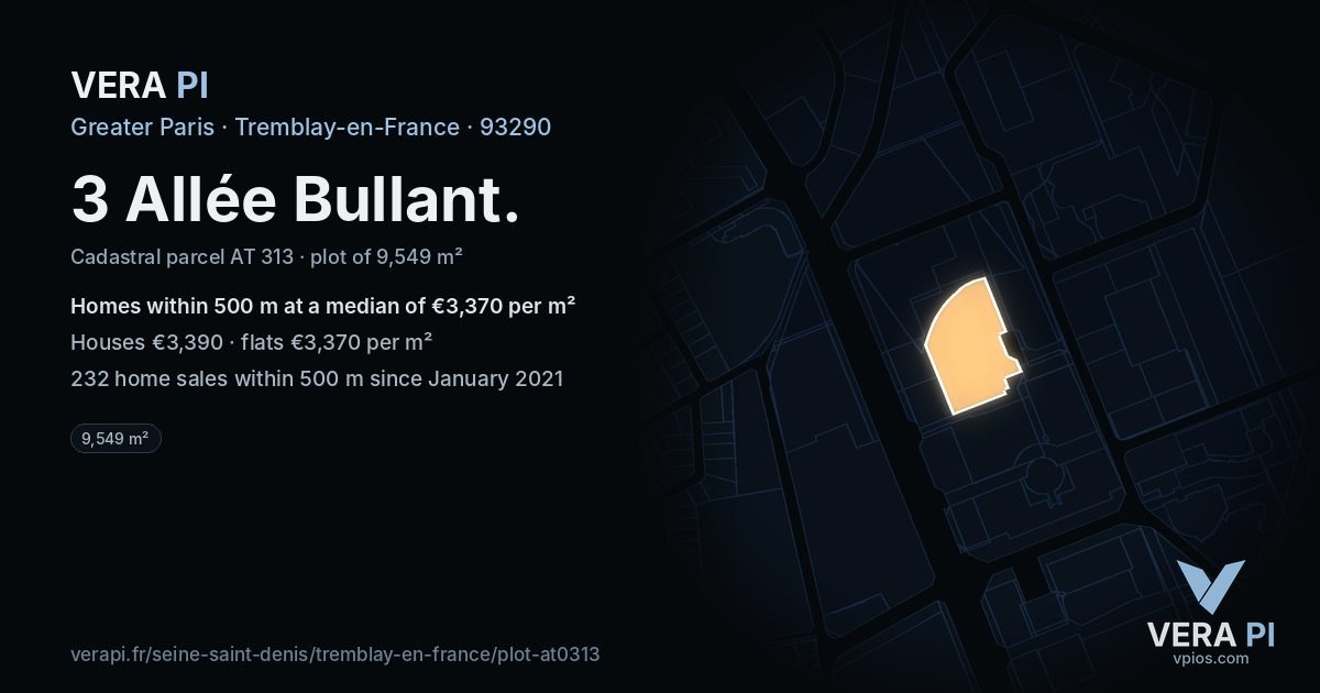 3 Allée Bullant, Tremblay-en-France at night – the plot lit, the parcels around coloured by the prices near them