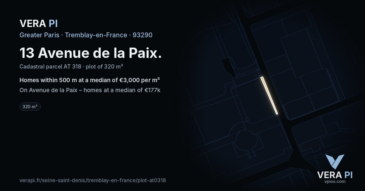 13 Avenue de la Paix, Tremblay-en-France at night – the plot lit, the parcels around coloured by the prices near them