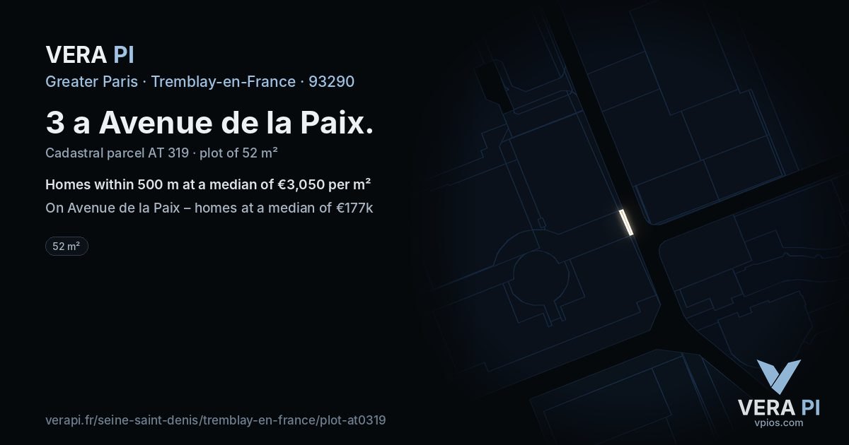 3 a Avenue de la Paix, Tremblay-en-France at night – the plot lit, the parcels around coloured by the prices near them