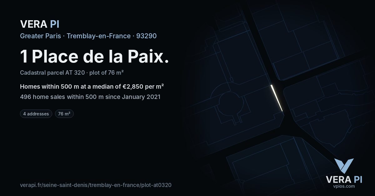 1 Place de la Paix, Tremblay-en-France at night – the plot lit, the parcels around coloured by the prices near them