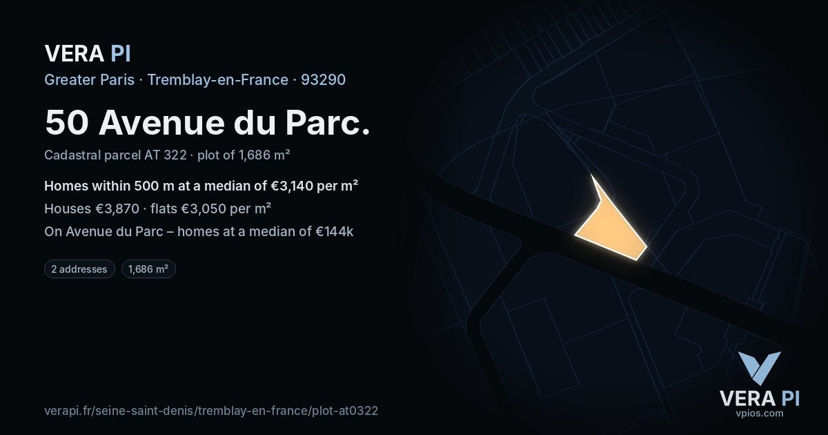 50 Avenue du Parc, Tremblay-en-France at night – the plot lit, the parcels around coloured by the prices near them