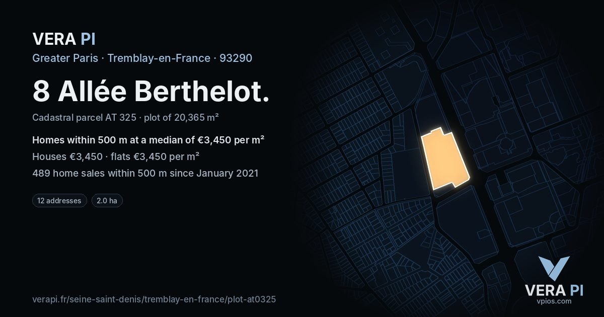 8 Allée Berthelot, Tremblay-en-France at night – the plot lit, the parcels around coloured by the prices near them