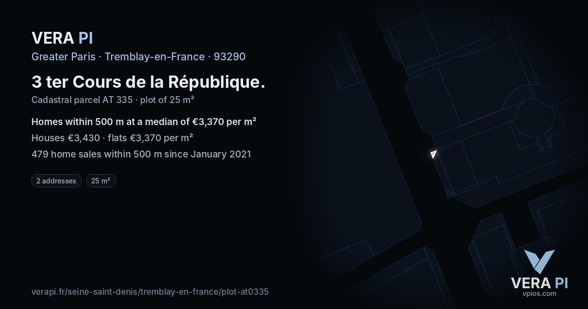 3 ter Cours de la République, Tremblay-en-France at night – the plot lit, the parcels around coloured by the prices near them