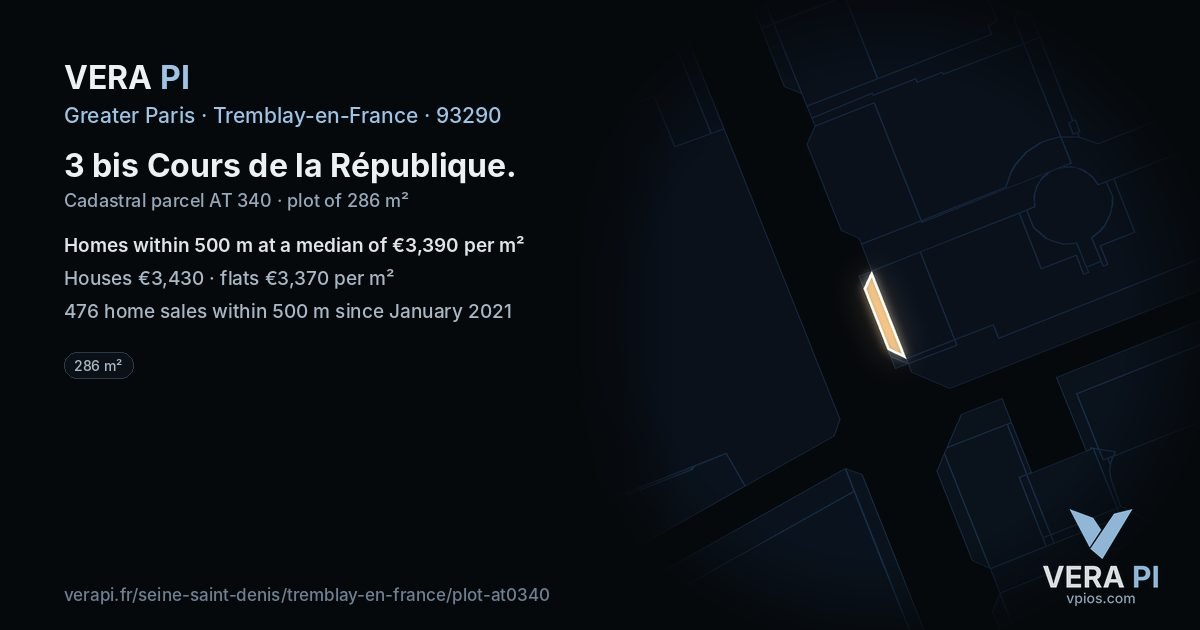 3 bis Cours de la République, Tremblay-en-France at night – the plot lit, the parcels around coloured by the prices near them