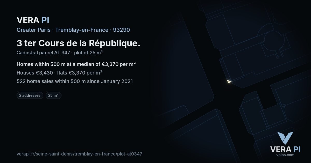 3 ter Cours de la République, Tremblay-en-France at night – the plot lit, the parcels around coloured by the prices near them