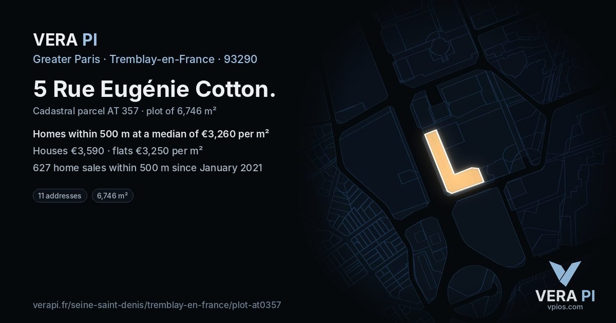 5 Rue Eugénie Cotton, Tremblay-en-France at night – the plot lit, the parcels around coloured by the prices near them