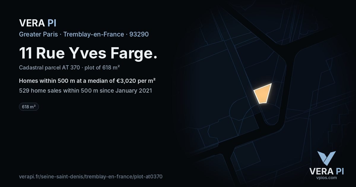 11 Rue Yves Farge, Tremblay-en-France at night – the plot lit, the parcels around coloured by the prices near them