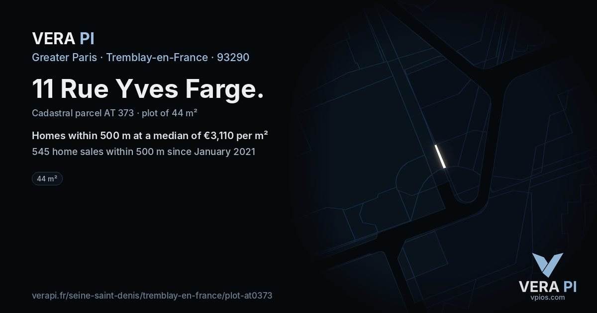 11 Rue Yves Farge, Tremblay-en-France at night – the plot lit, the parcels around coloured by the prices near them