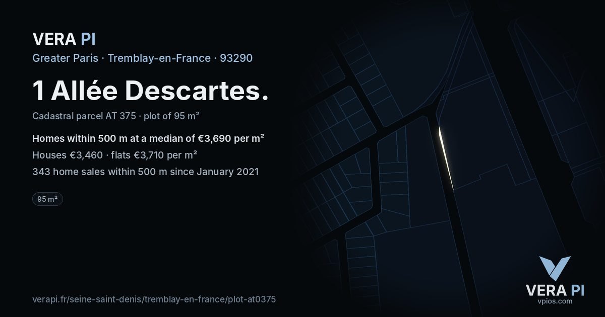 1 Allée Descartes, Tremblay-en-France at night – the plot lit, the parcels around coloured by the prices near them
