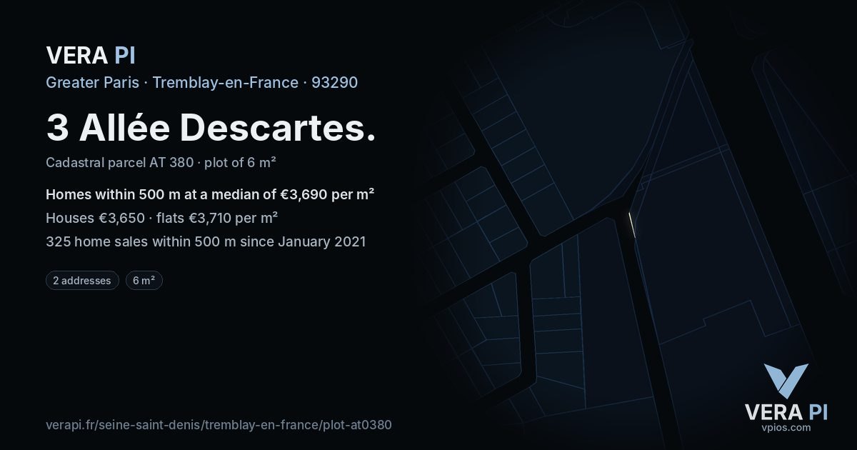 3 Allée Descartes, Tremblay-en-France at night – the plot lit, the parcels around coloured by the prices near them