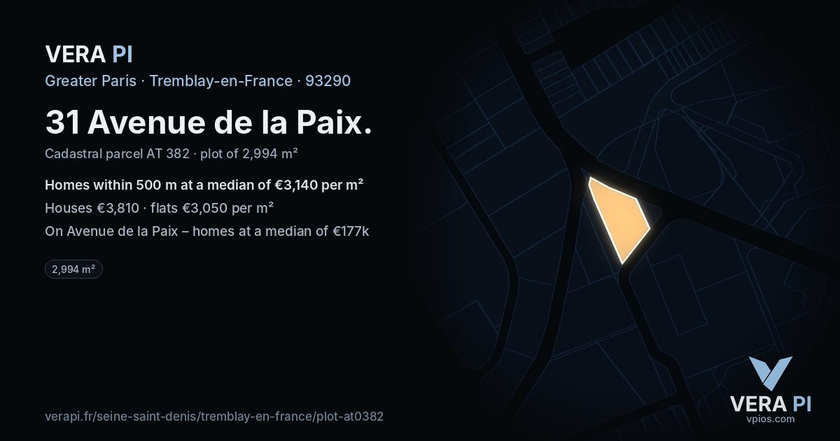 31 Avenue de la Paix, Tremblay-en-France at night – the plot lit, the parcels around coloured by the prices near them