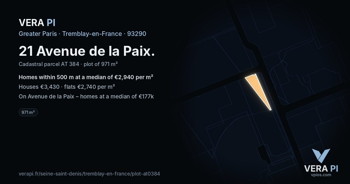 21 Avenue de la Paix, Tremblay-en-France at night – the plot lit, the parcels around coloured by the prices near them