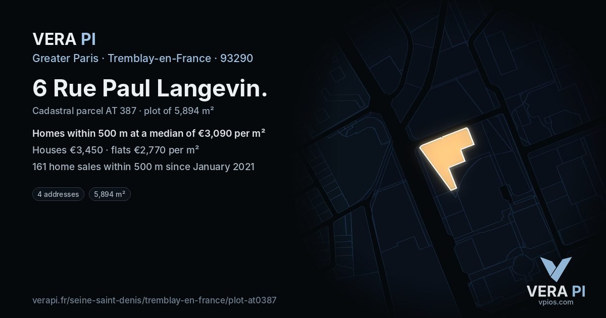 6 Rue Paul Langevin, Tremblay-en-France at night – the plot lit, the parcels around coloured by the prices near them