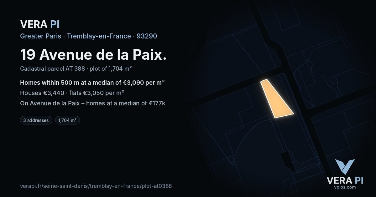 19 Avenue de la Paix, Tremblay-en-France at night – the plot lit, the parcels around coloured by the prices near them