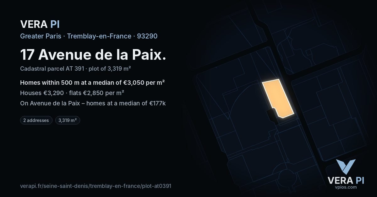 17 Avenue de la Paix, Tremblay-en-France at night – the plot lit, the parcels around coloured by the prices near them