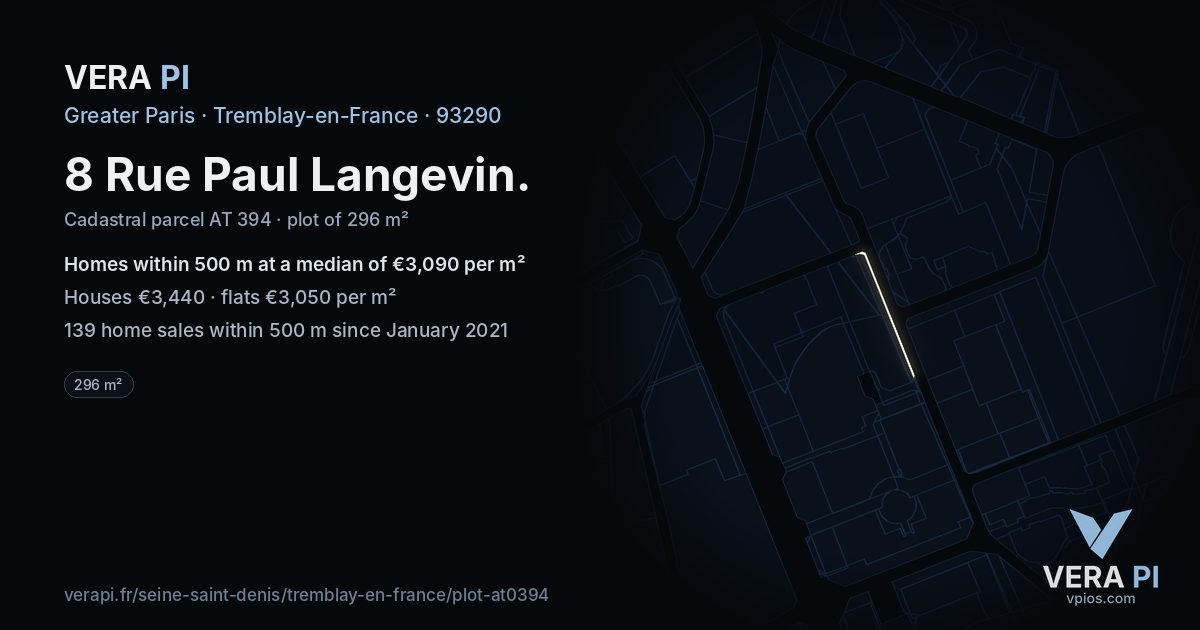 8 Rue Paul Langevin, Tremblay-en-France at night – the plot lit, the parcels around coloured by the prices near them