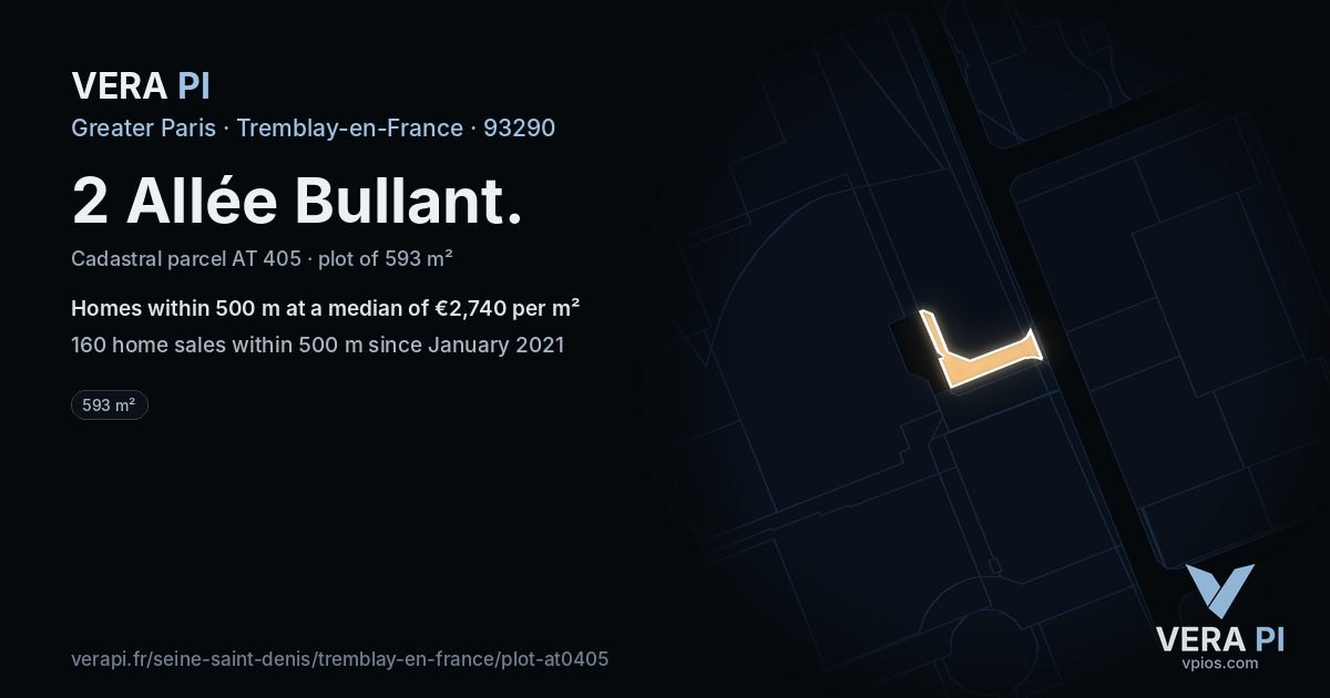 2 Allée Bullant, Tremblay-en-France at night – the plot lit, the parcels around coloured by the prices near them