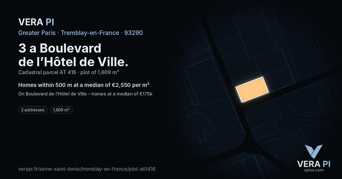 3 a Boulevard de l’Hôtel de Ville, Tremblay-en-France at night – the plot lit, the parcels around coloured by the prices near them