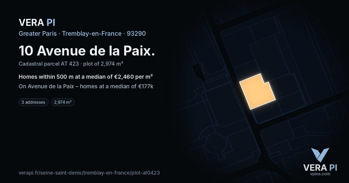 10 Avenue de la Paix, Tremblay-en-France at night – the plot lit, the parcels around coloured by the prices near them