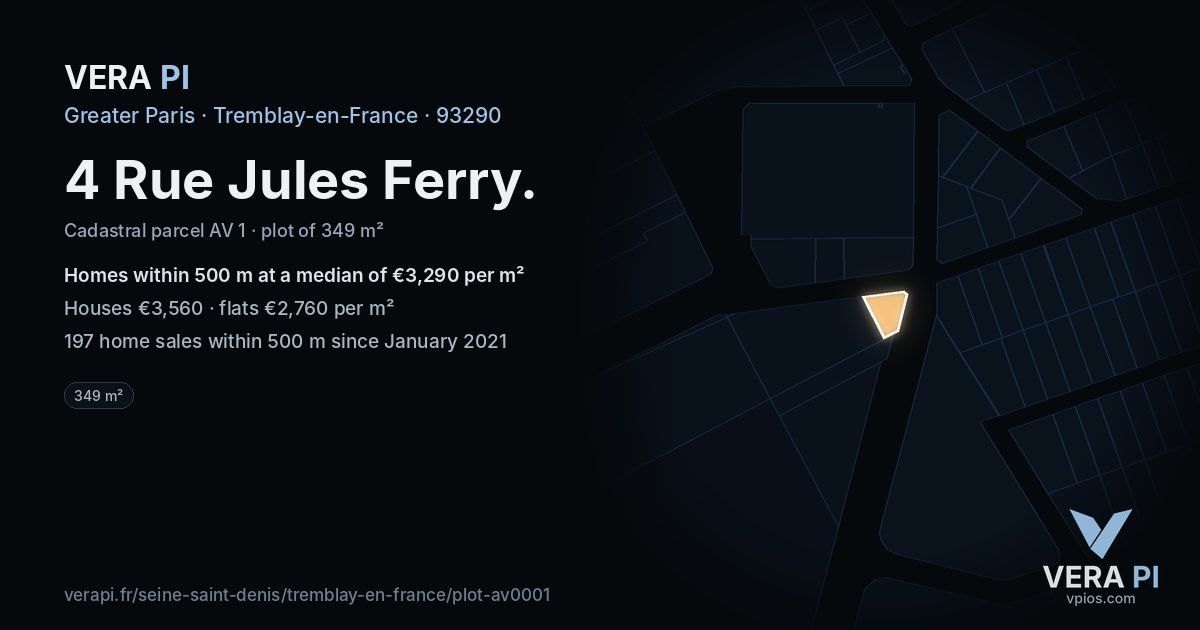 4 Rue Jules Ferry, Tremblay-en-France at night – the plot lit, the parcels around coloured by the prices near them