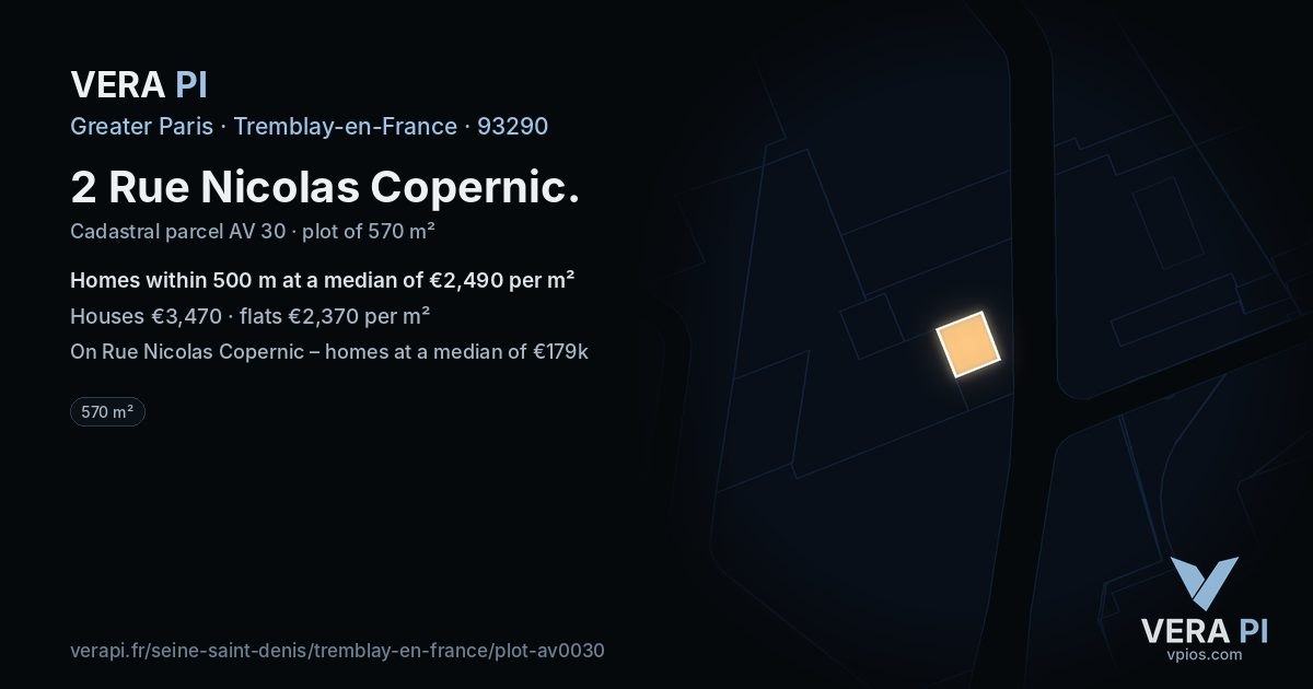 2 Rue Nicolas Copernic, Tremblay-en-France at night – the plot lit, the parcels around coloured by the prices near them